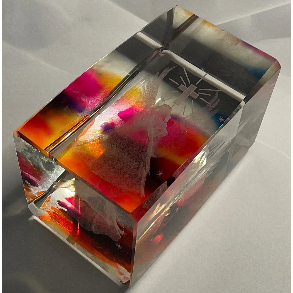 CRYSTAL GLASS ANGEL & CROSS SQUARE PAPERWEIGHT 3D LASER ETCHED RAINBOW COLORS